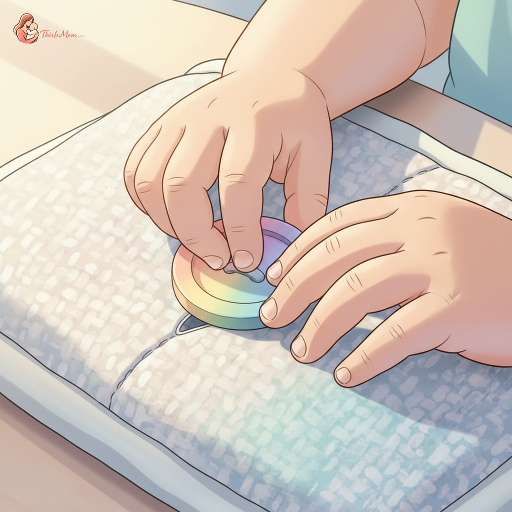 A toddler's hands concentrating on buttoning a large colorful button on a fabric practice board, with other fine motor activity items blurred in the background.