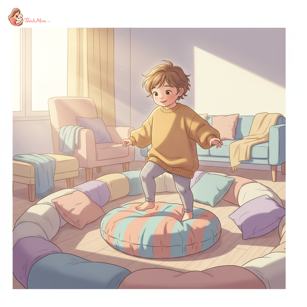 A joyful 3-year-old child successfully navigating a playful indoor obstacle course made of colorful sofa cushions and pillows.