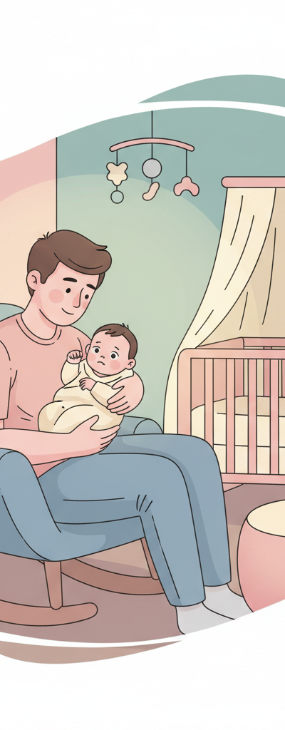 Exhausted parent gently rocking a slightly fussy 4-month-old baby in a dimly lit nursery, surrounded by soft glow of a night light, symbolizing comfort during sleep regression