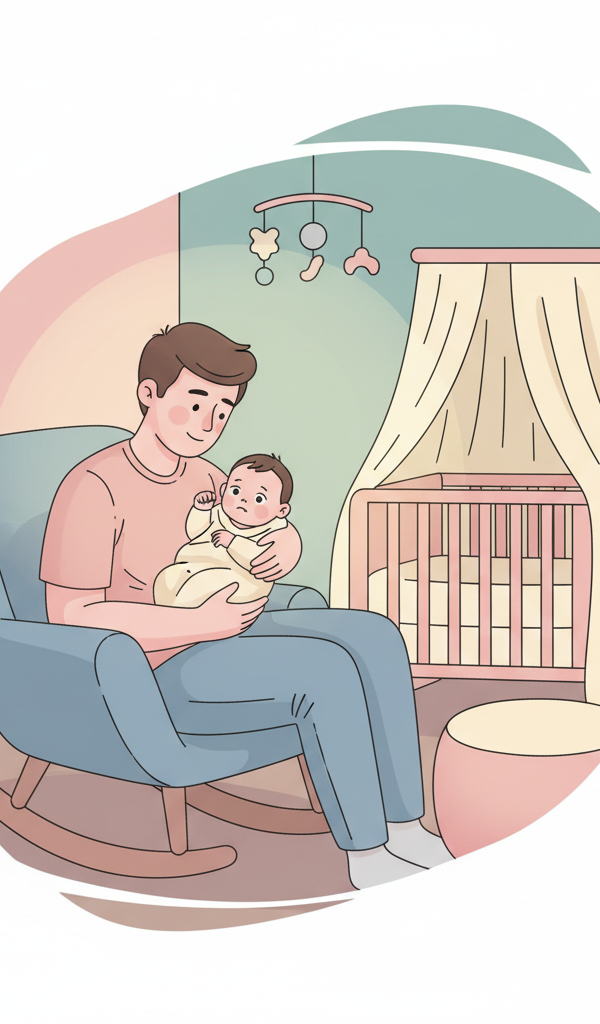 Exhausted parent gently rocking a slightly fussy 4-month-old baby in a dimly lit nursery, surrounded by soft glow of a night light, symbolizing comfort during sleep regression