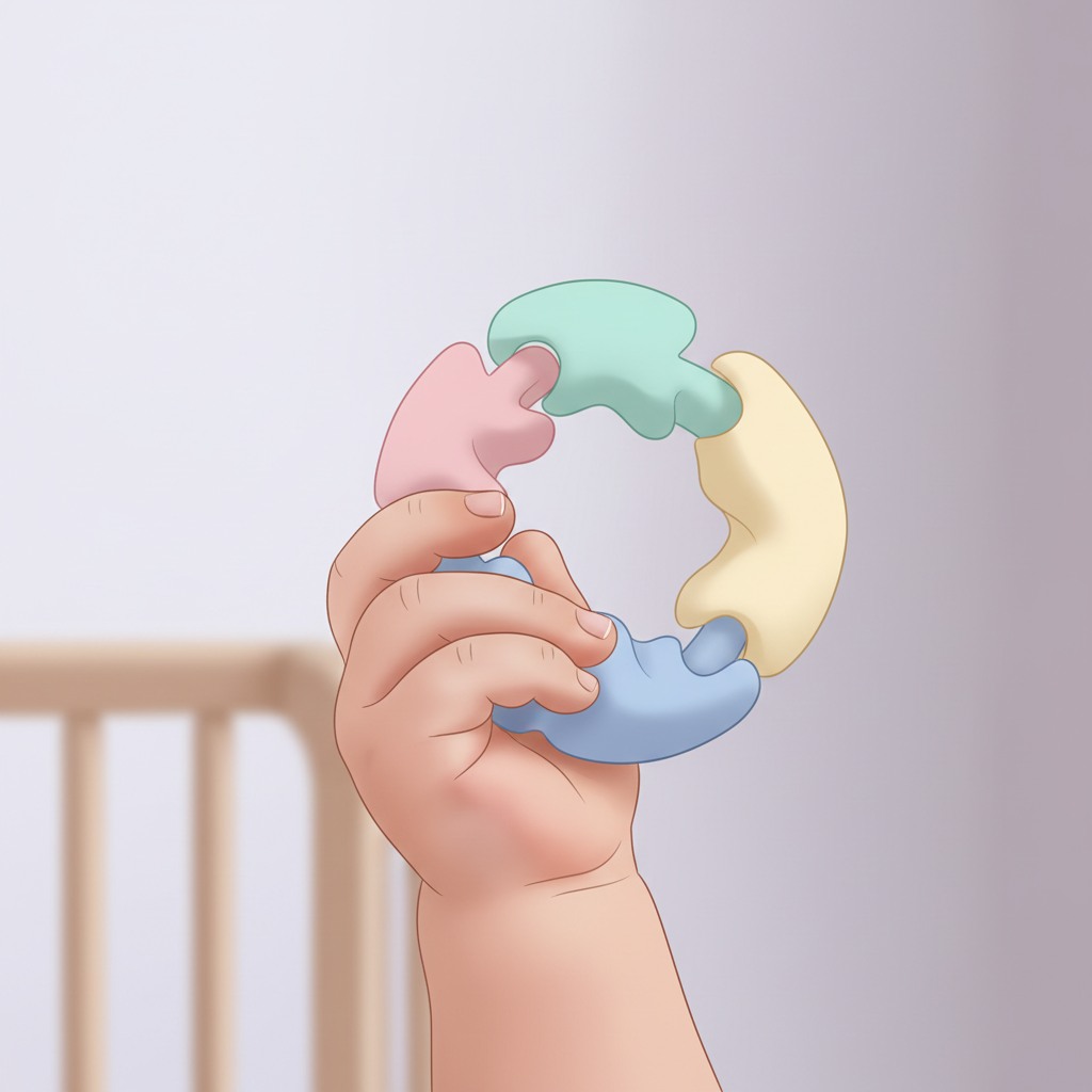 A close-up of a baby's hand gently holding a silicone teething toy, with soft, out-of-focus nursery background.