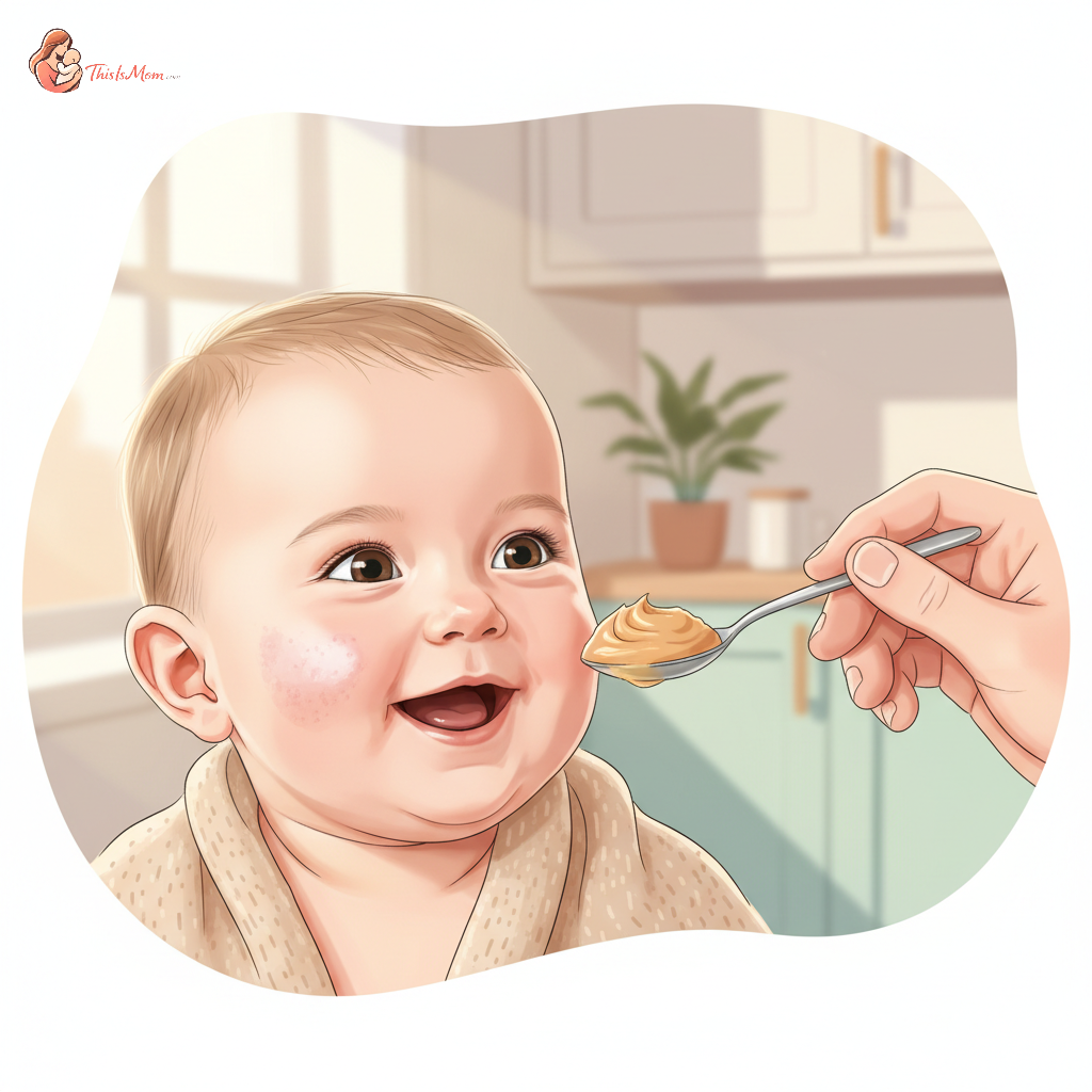A baby with mild eczema on their cheek, happily reaching for a spoonful of thinned peanut butter offered by a parent's hand, against a soft, blurred background of a kitchen. Emphasis on gentle feeding and care.