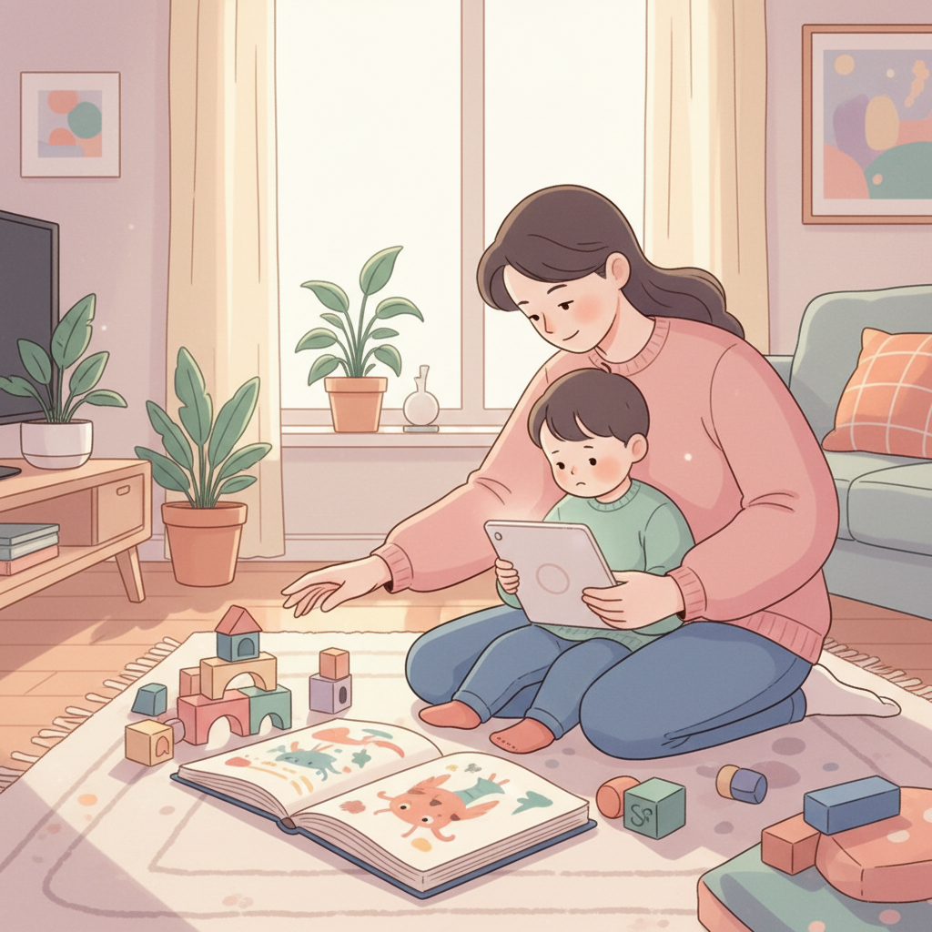 A calm parent kneeling down, gently directing a young child away from a tablet and towards a positive alternative activity like a colorful toy or book, in a brightly lit living room.