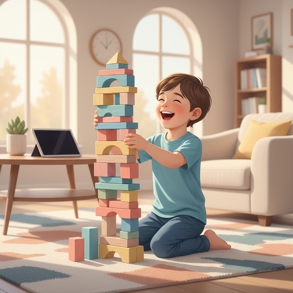 A 4-year-old child happily building a tower with colorful wooden blocks on a rug, with sunlight streaming through a window. A tablet lies powered off and face down nearby, out of focus.