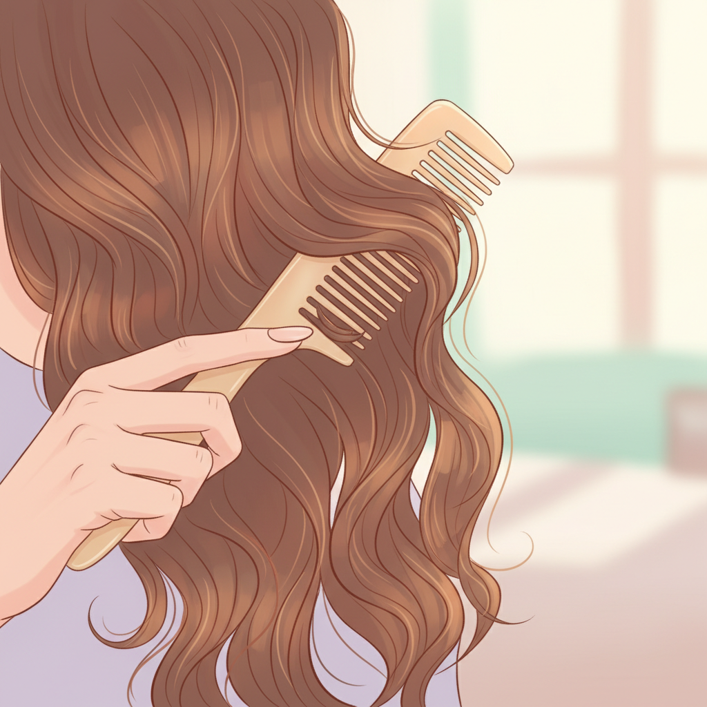 A woman with a thoughtful expression gently brushing her long hair, with some loose strands visible in the brush. Her baby is visible in the background, out of focus. The scene evokes both care and the reality of postpartum hair changes.