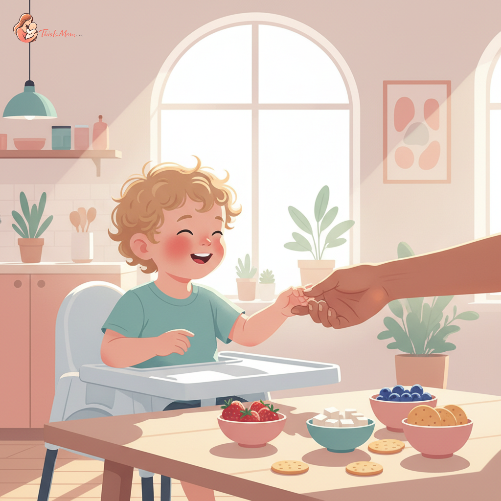 Happy toddler eating a healthy snack at a table, supervised by a parent. The table has colorful, whole-food snack options like apple slices, cheese, and berries.
