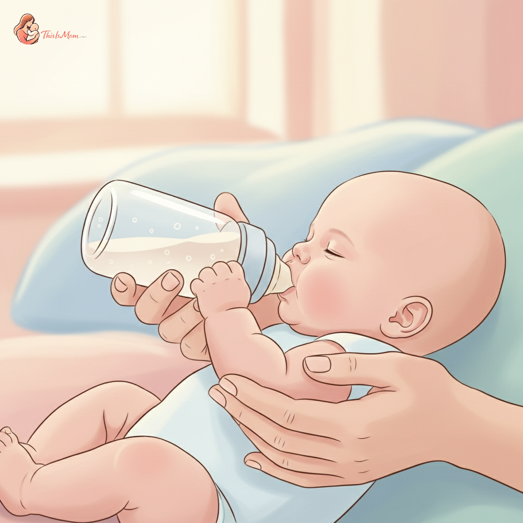 A peaceful baby being held semi-upright by a parent, gently feeding from a bottle of breast milk in a paced feeding position, with a slow-flow nipple clearly visible.
