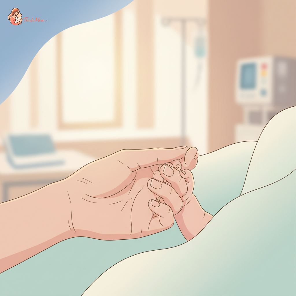 A close-up of a new mother's hand gently holding her newborn baby's tiny hand, symbolizing connection and protection, set in a soft hospital room setting.