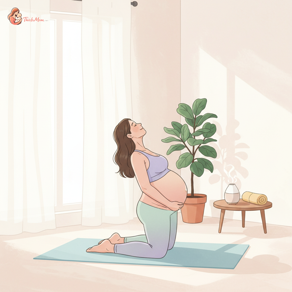 Pregnant woman at 39 weeks practicing gentle pelvic tilts on a yoga mat in a sunlit room, embodying readiness and calm for natural labor.