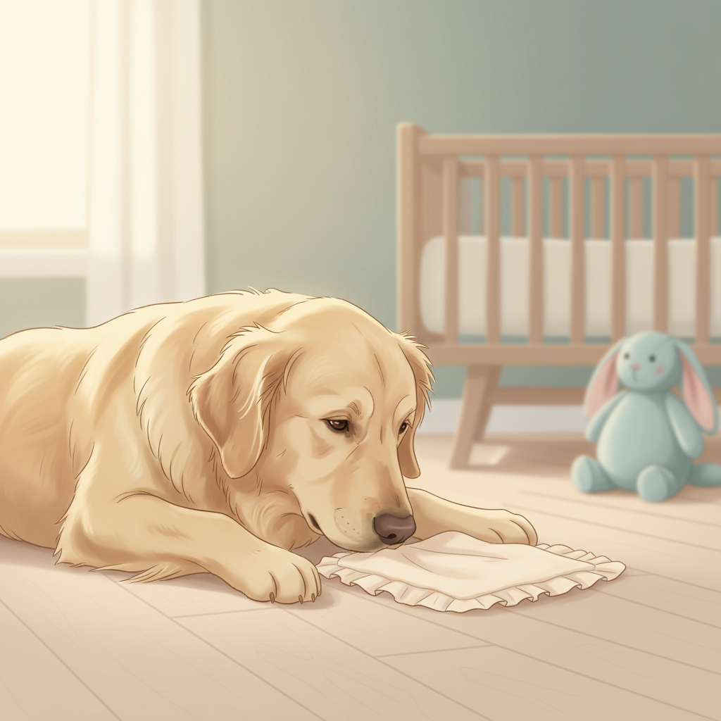 A calm golden retriever dog gently sniffing a baby's blanket, with a blurred background showing baby items like a bassinet and soft toys, suggesting preparation and harmony.