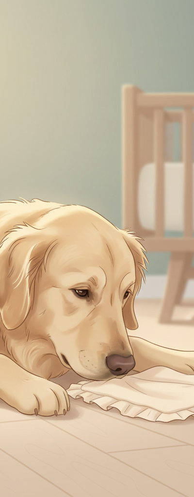 A calm golden retriever dog gently sniffing a baby's blanket, with a blurred background showing baby items like a bassinet and soft toys, suggesting preparation and harmony.