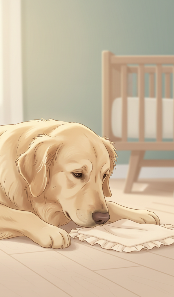 A calm golden retriever dog gently sniffing a baby's blanket, with a blurred background showing baby items like a bassinet and soft toys, suggesting preparation and harmony.
