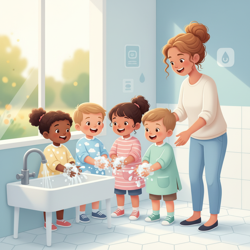 A diverse group of happy preschoolers enthusiastically washing their hands with soap and water at a daycare sink, while a teacher supervises with a warm smile. Bright, clean environment.