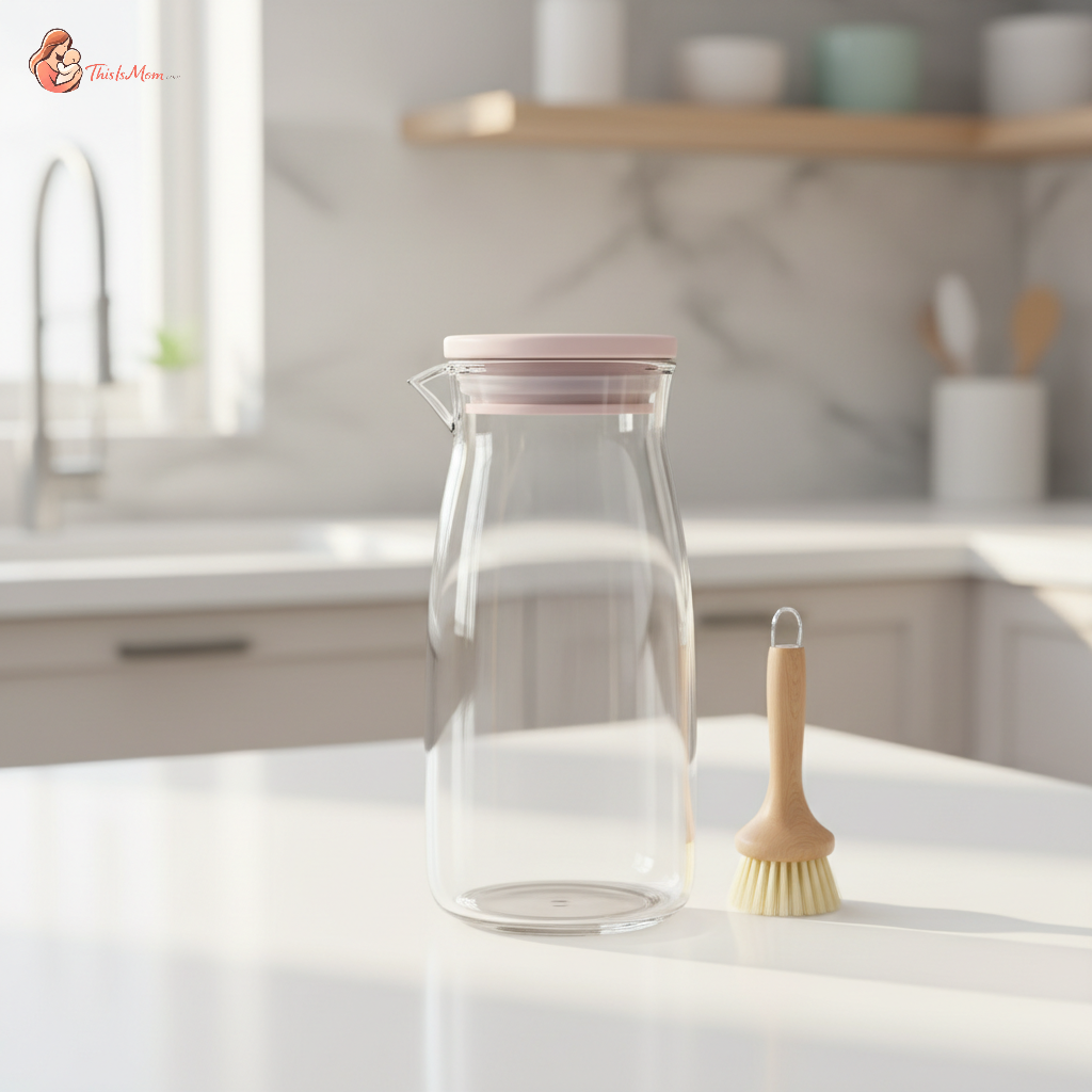 A meticulously cleaned glass formula pitcher with an airtight lid, sitting on a sparkling white kitchen counter, emphasizing hygiene and safety.