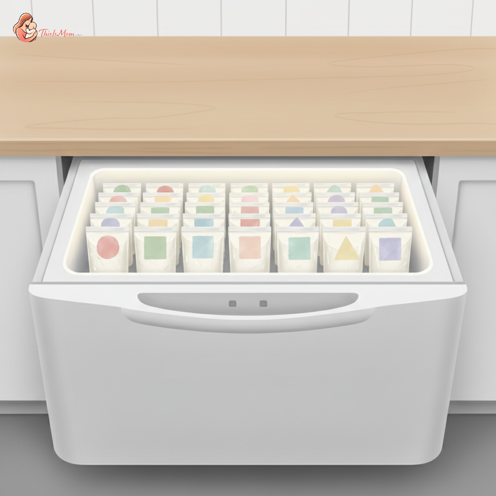A clear plastic bag of frozen breast milk with a label, surrounded by other breast milk storage bags, symbolizing donation and support for babies.