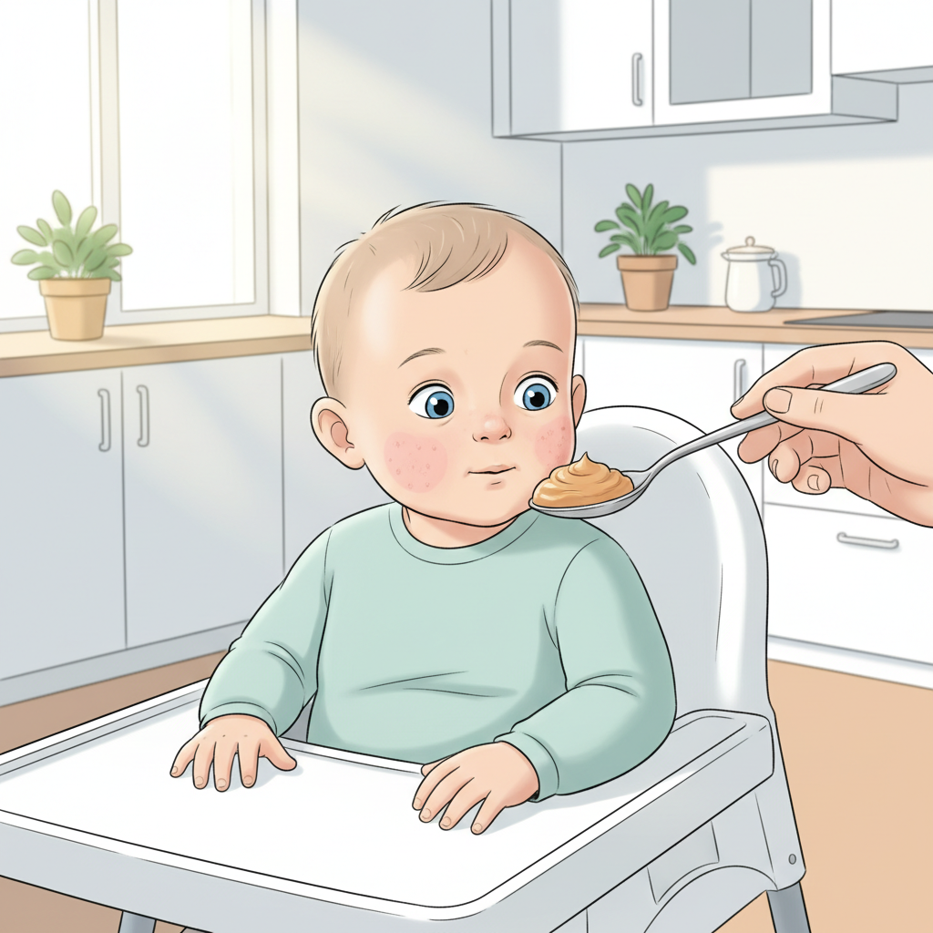Baby with eczema looking curiously at a small bowl of food