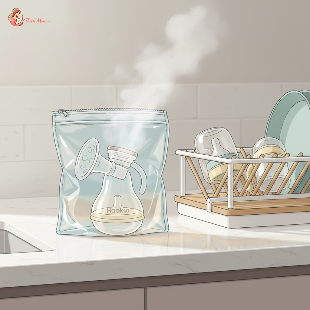 Haakaa breast pump being sterilized in a microwave sterilizer bag with steam rising, on a clean kitchen counter.