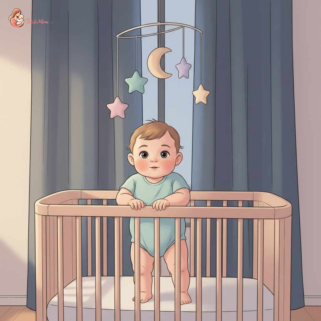 A baby standing in a crib at night, hands gripping the rails, with a gentle, soft light illuminating the scene.