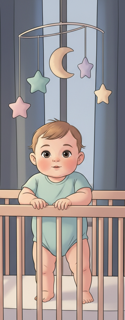 A baby standing in a crib at night, hands gripping the rails, with a gentle, soft light illuminating the scene.