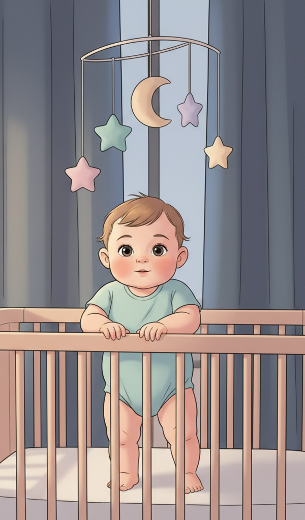 A baby standing in a crib at night, hands gripping the rails, with a gentle, soft light illuminating the scene.