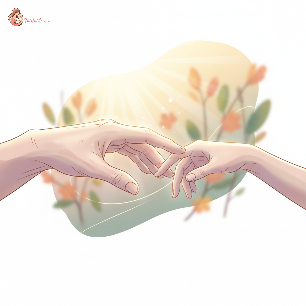 An adult hand gently letting go of a smaller, younger hand, symbolizing a parent allowing their adult child independence. The background is softly blurred with warm, hopeful light.