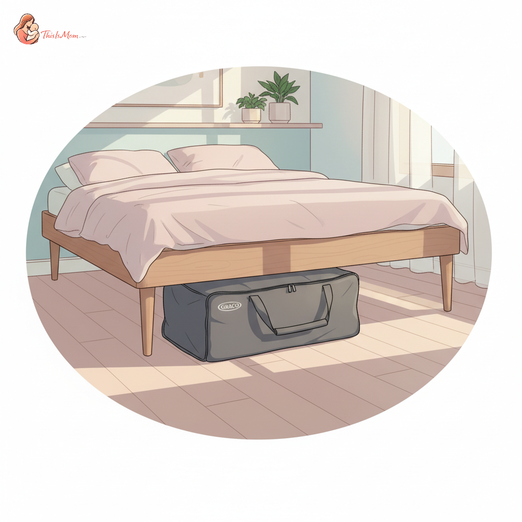 Folded Graco Pack 'n Play neatly tucked under a bed in a compact, well-organized room.