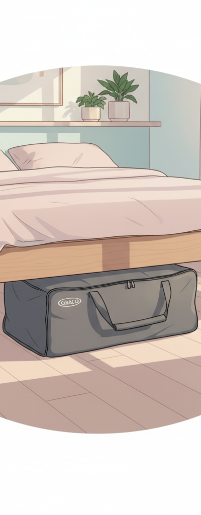 Folded Graco Pack 'n Play neatly tucked under a bed in a compact, well-organized room.