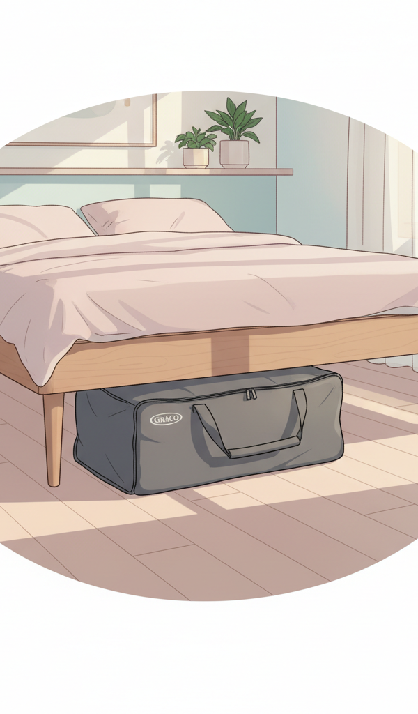 Folded Graco Pack 'n Play neatly tucked under a bed in a compact, well-organized room.