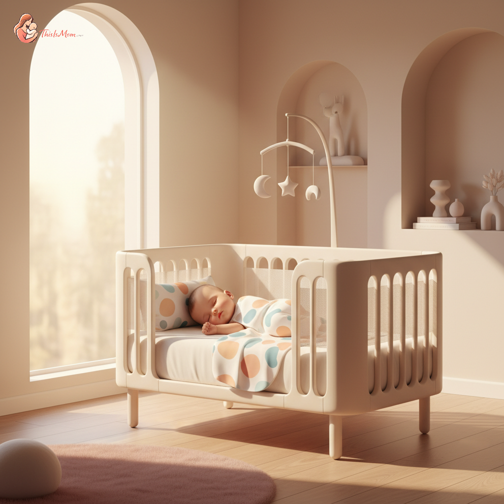 A peaceful 6-month-old baby sleeping soundly in a crib, with soft natural light filtering into the room. The crib is free of blankets and bumpers, emphasizing safe sleep.