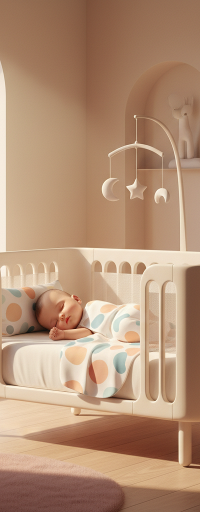 A peaceful 6-month-old baby sleeping soundly in a crib, with soft natural light filtering into the room. The crib is free of blankets and bumpers, emphasizing safe sleep.