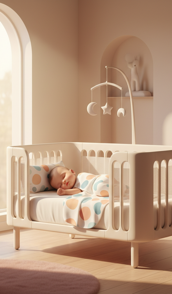 A peaceful 6-month-old baby sleeping soundly in a crib, with soft natural light filtering into the room. The crib is free of blankets and bumpers, emphasizing safe sleep.