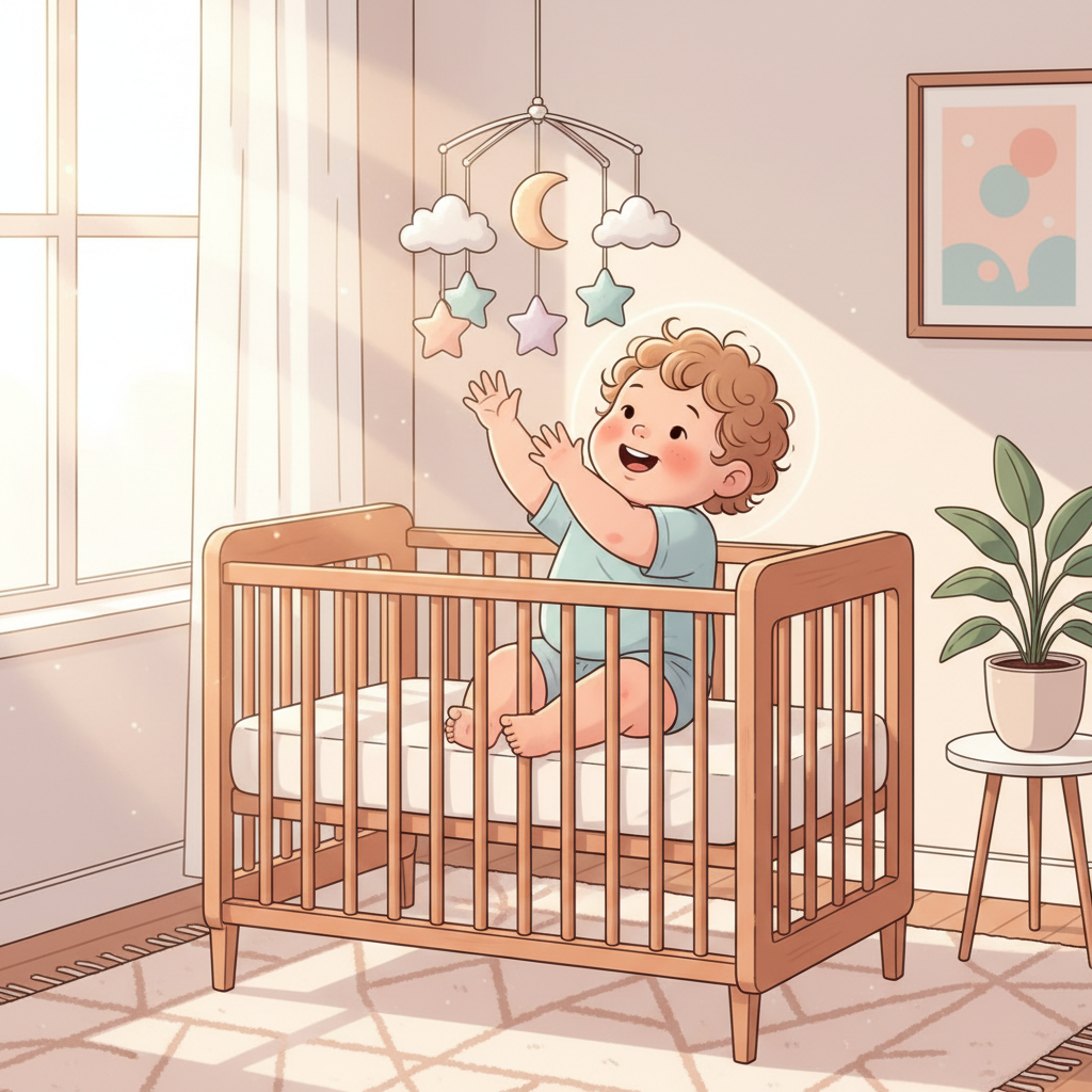 A peaceful 7-month-old baby with bright eyes, sitting up in a clean, modern crib, perhaps reaching for a soft, safe toy, bathed in gentle morning light.