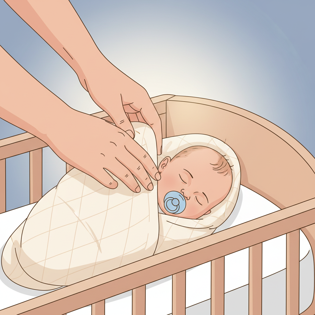A parent gently placing a sleepy baby into a crib.