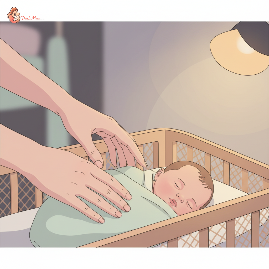 A parent gently lowering a sleeping baby into a crib, with soft lighting suggesting nighttime. The baby is relaxed, and the crib looks safe and cozy.