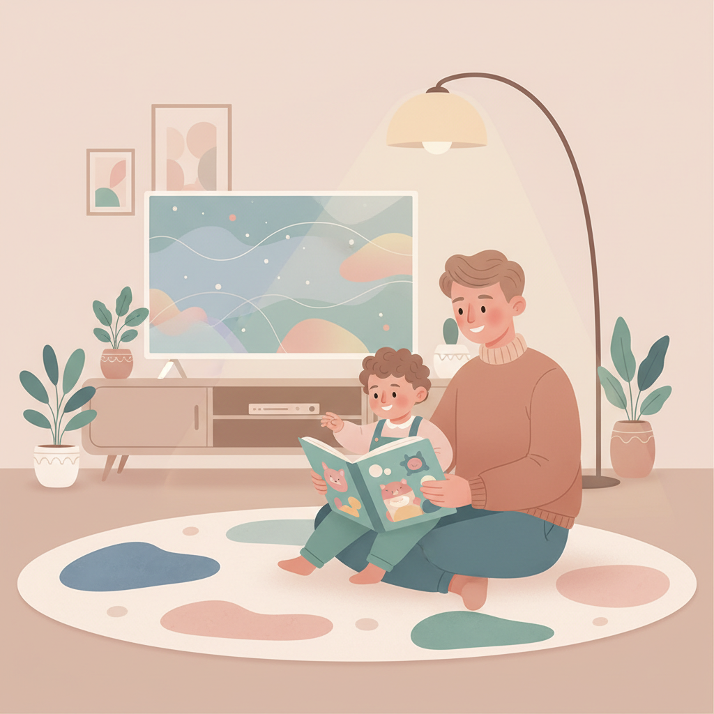 A calm toddler sitting on a parent's lap, happily looking at a colorful picture book, while a muted, out-of-focus television screen is visible in the background, suggesting a smooth transition from screen time to reading.