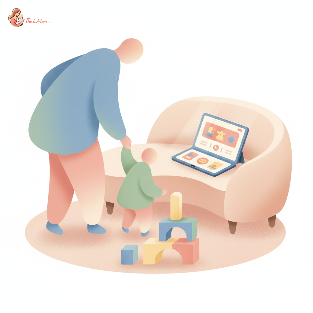 A calm parent guiding a child away from a paused tablet screen toward a basket of engaging toys, depicting a smooth transition off screen time.
