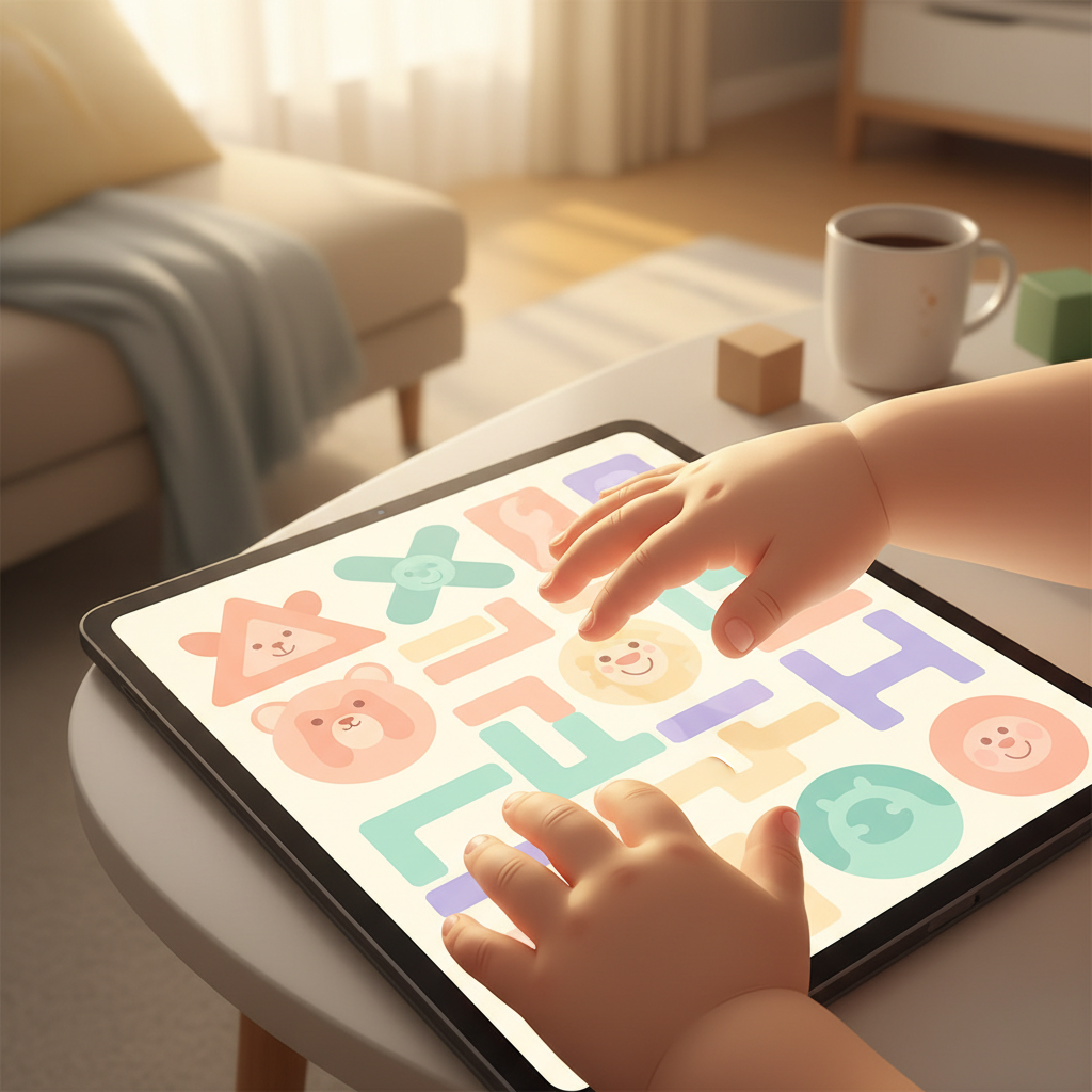 Toddler's hands tapping on a tablet screen displaying a colorful educational game.
