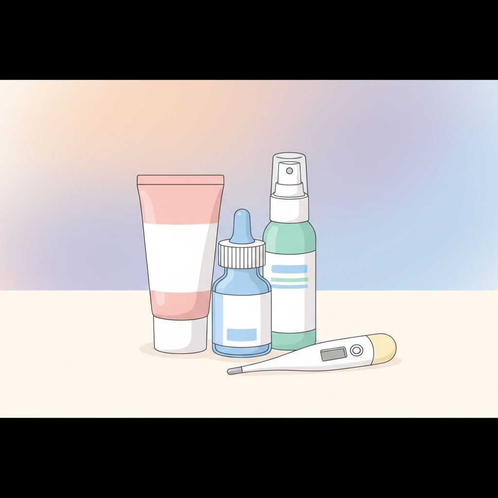 A collection of over-the-counter baby health items, including diaper rash cream, infant pain reliever, saline nasal spray, and baby thermometer, neatly arranged on a clean surface.