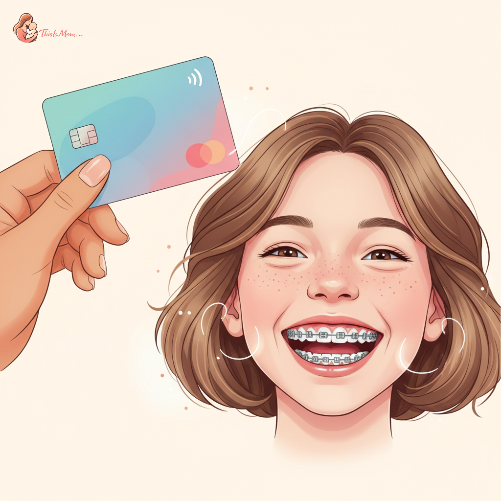 Child smiling with braces, while a parent looks on holding an HSA debit card, symbolizing financial planning for orthodontic care.