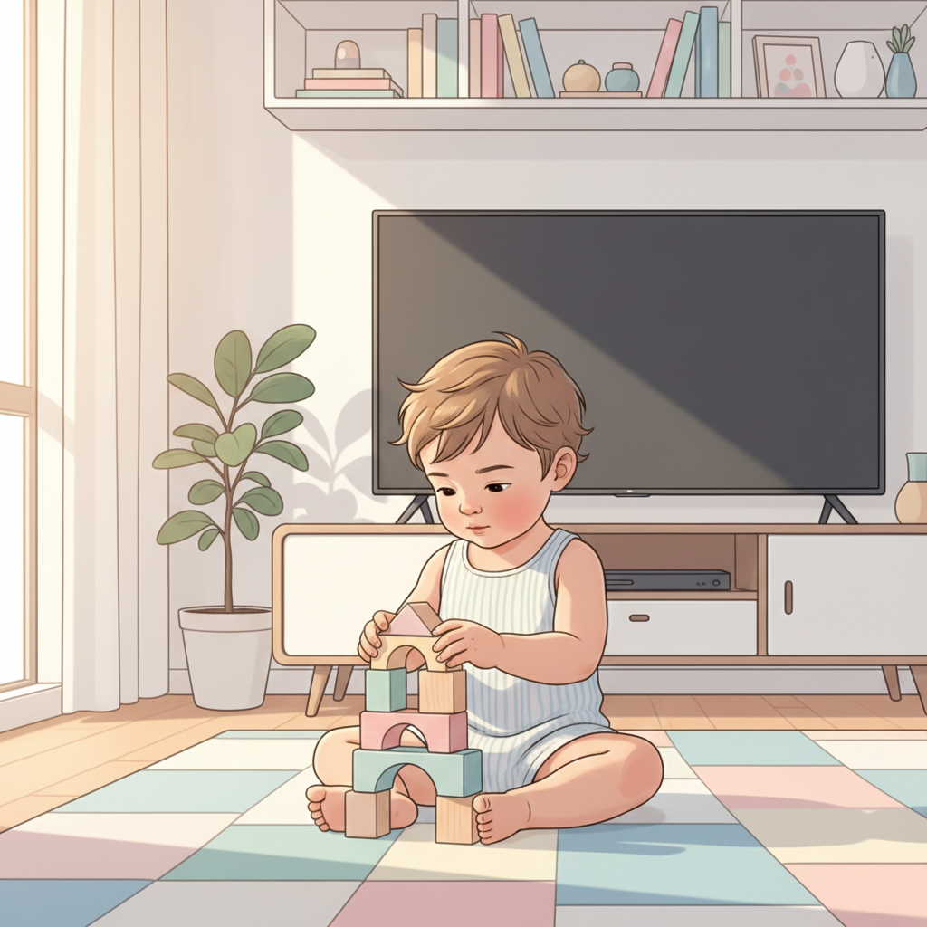 Toddler playing with blocks in a brightly lit room with a TV in the background, muted.