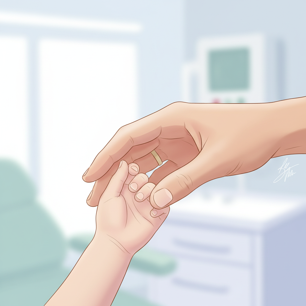 A parent holding a young child's hand while at a pediatrician's office.