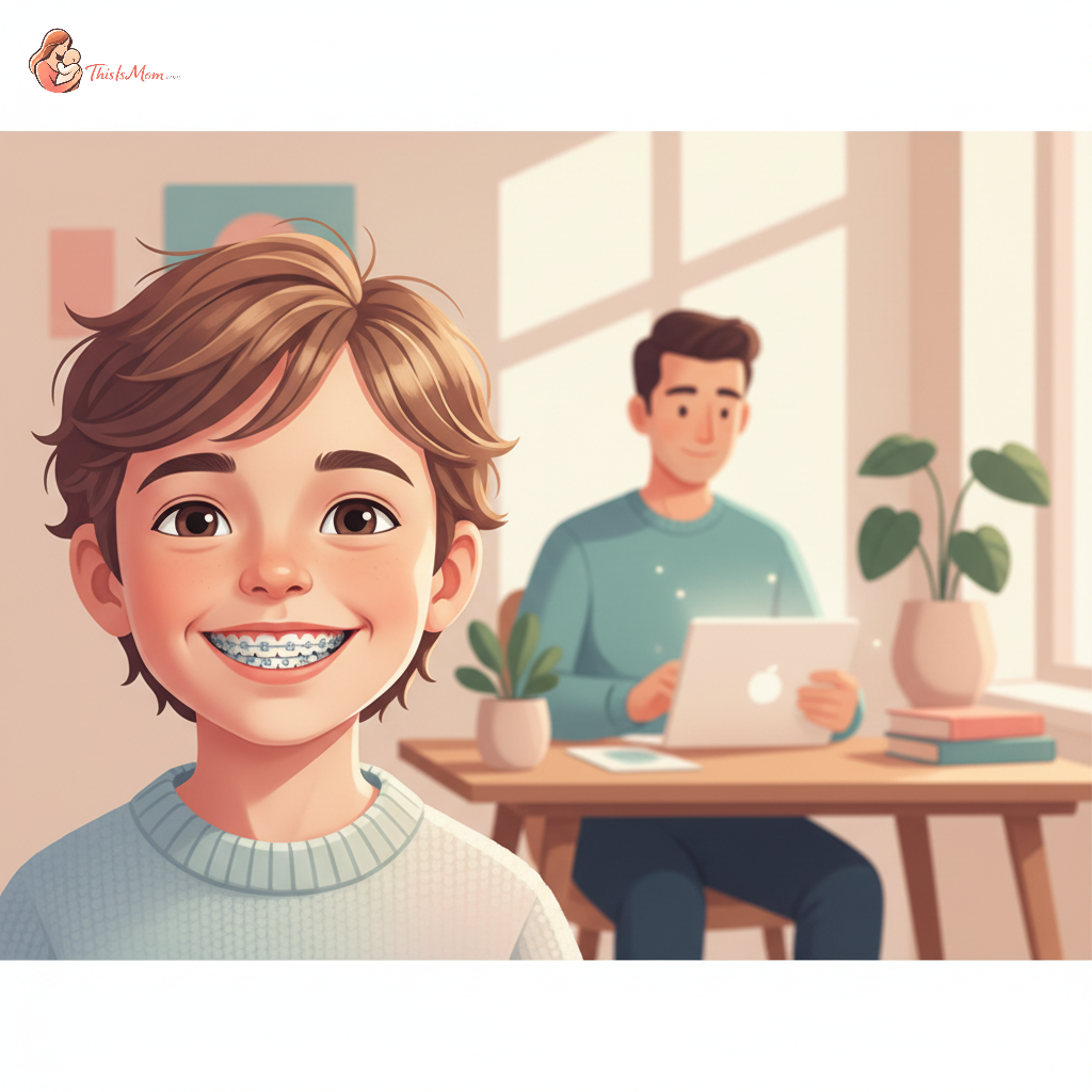 A smiling child with braces, looking happy while a parent points to a document about HSA benefits, conveying financial relief and clarity.