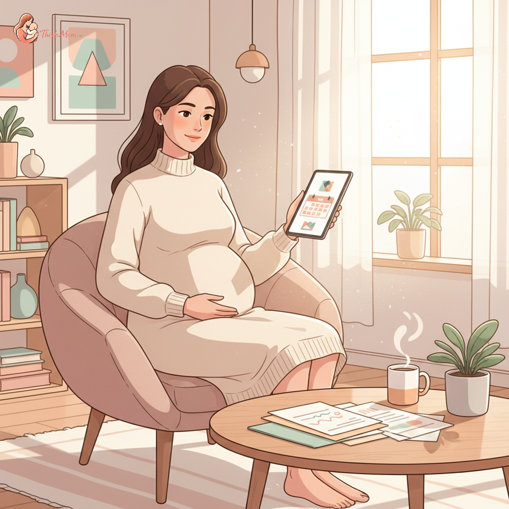 Pregnant woman reviewing medical bills and a calendar, with a baby onesie and a savings account statement visible on a table, representing financial planning for maternity care.