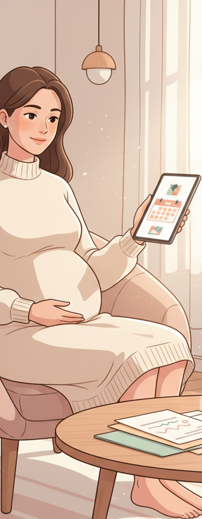Pregnant woman reviewing medical bills and a calendar, with a baby onesie and a savings account statement visible on a table, representing financial planning for maternity care.