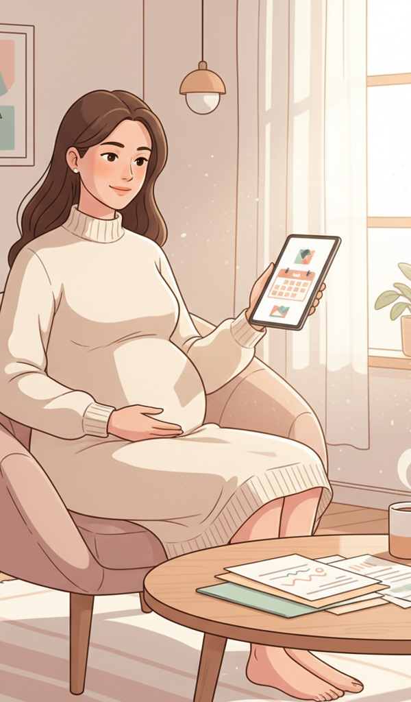 Pregnant woman reviewing medical bills and a calendar, with a baby onesie and a savings account statement visible on a table, representing financial planning for maternity care.