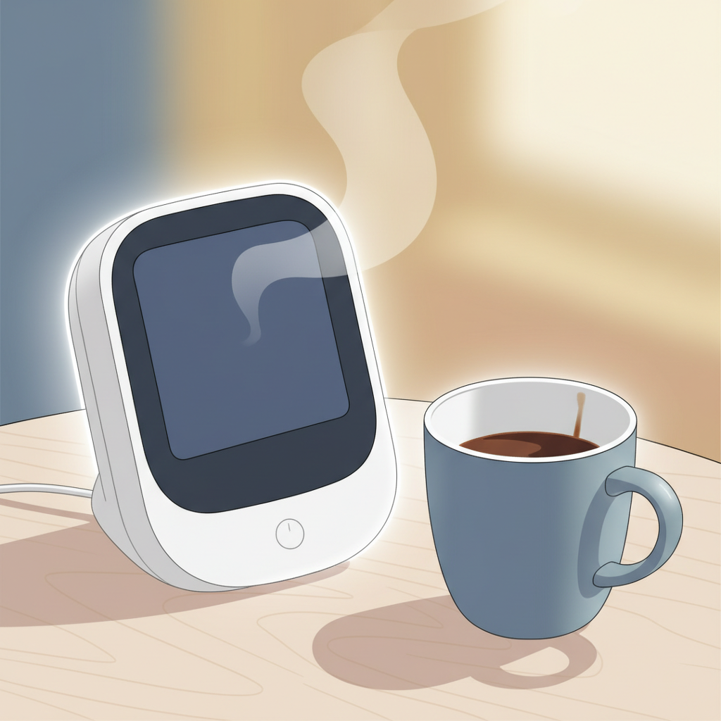 Close-up of a baby monitor and a coffee cup on a wooden table.