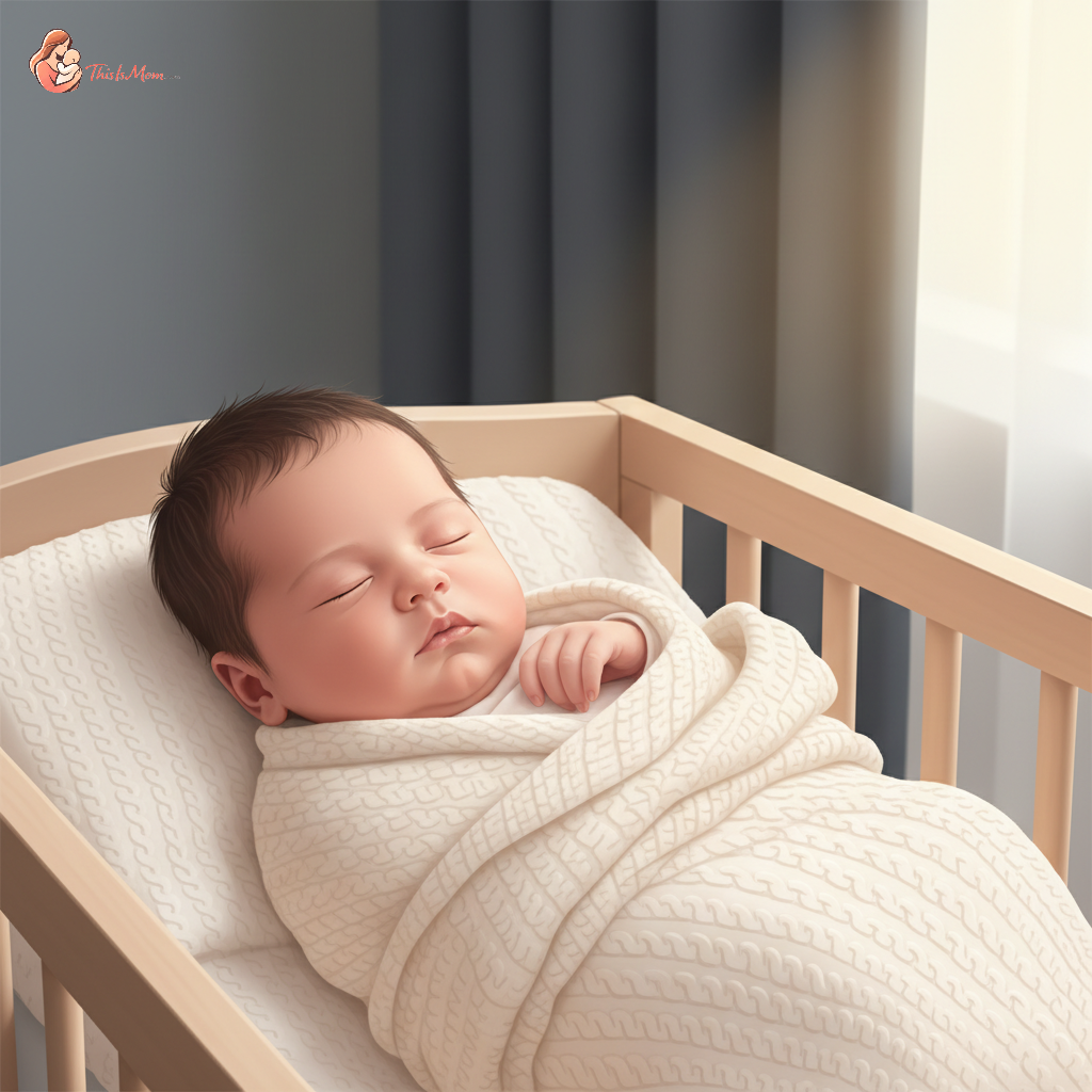 A baby sleeping peacefully in a dimly lit nursery, with a soft blanket and a closed curtain, representing undisturbed sleep during a time change.