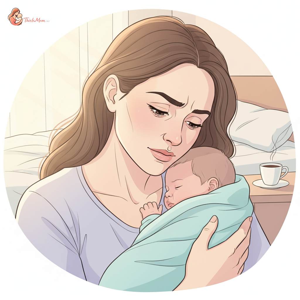 A tired new mother with shadows under her eyes, looking visibly frustrated while cradling a baby who is subtly stirring, implying sleep deprivation and its impact on her mood.