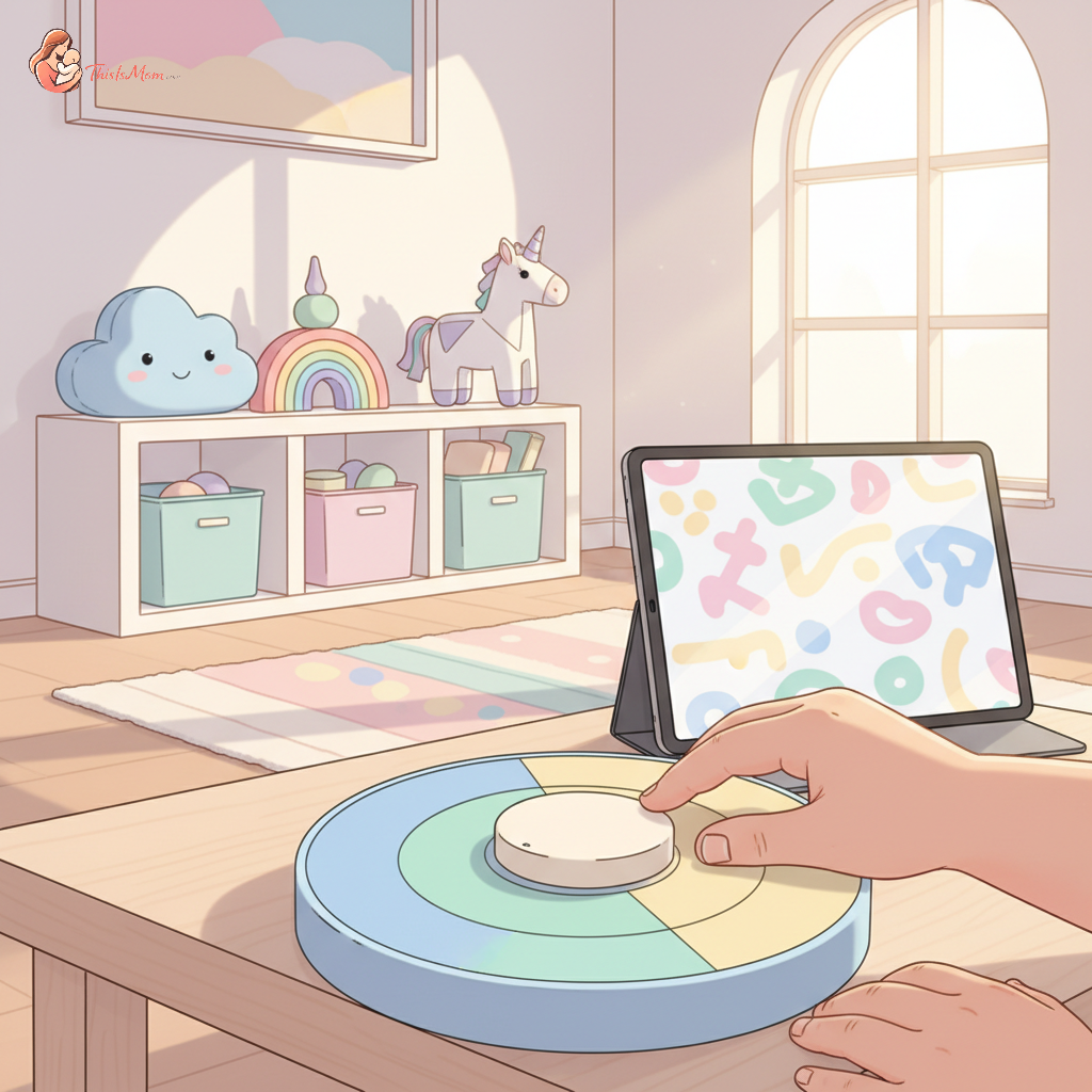 A child setting a red visual timer next to a tablet, ready for screen time, in a bright and playful living room.