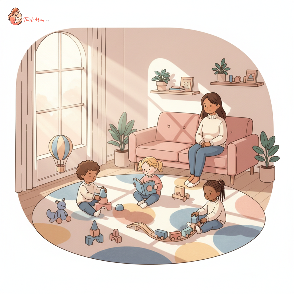 A diverse group of happy young children playing safely in a bright, clean, and organized in-home daycare setting with various toys and a friendly adult supervising them.